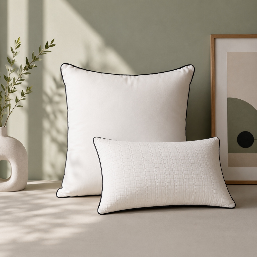 Two white pillows with black trim